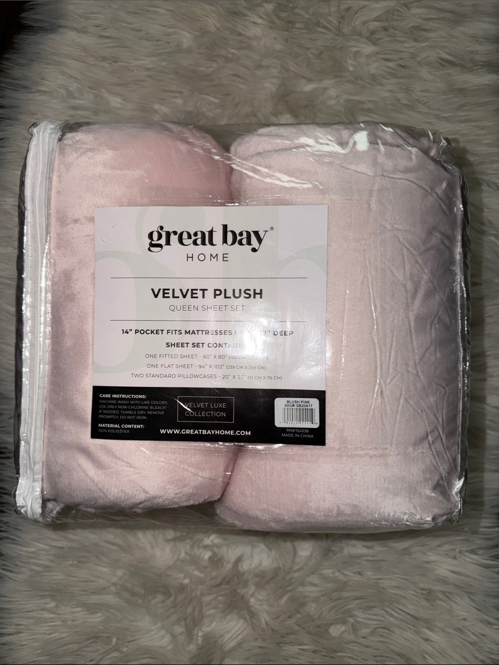 Great Bay Home Velvet Plush Queen Sheet Set - Light Pink